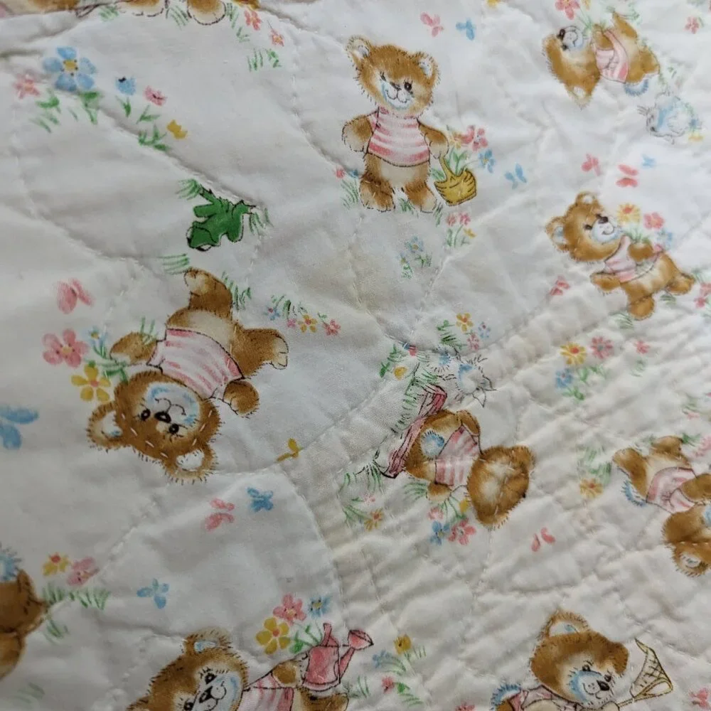 Vintage Hand Stitched Baby Crib Quilt Color Block Bears Gender Neutral 37x61